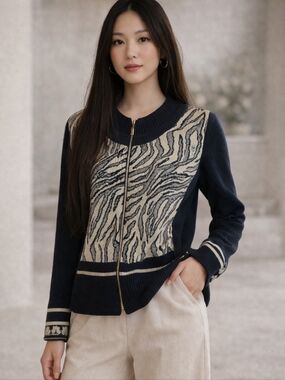 Skovhuus Zip Cardigan Fine Gauge Knit Black/ Cream Pattern Old Money Sz S